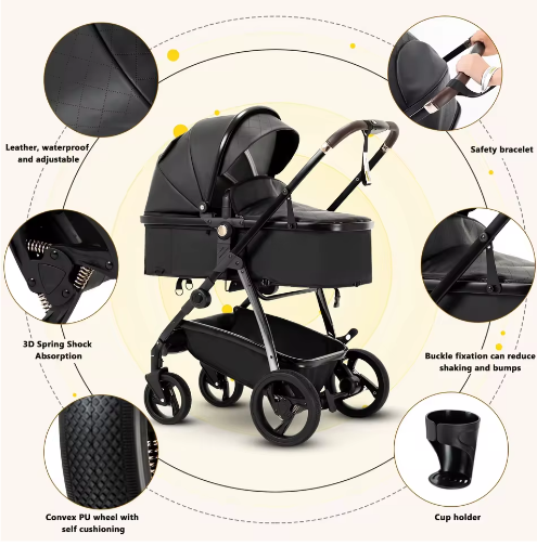 3-in-1 Kinderwagen – Luxe Reiskinderwagen met Draagzak en PU Afwerking