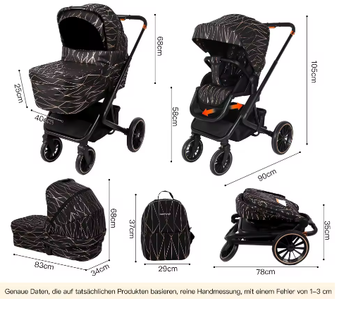 3-in-1 Kinderwagen – Luxe Reissysteem met Draagzak voor Pasgeborenen