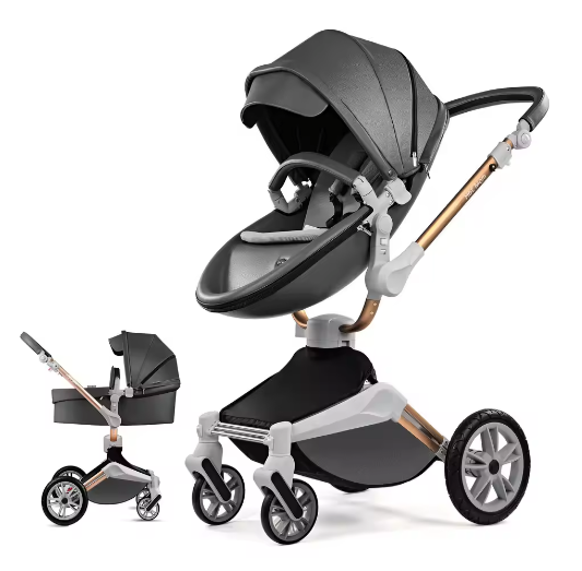 3-in-1 Kinderwagen – 360° Draaibaar, PU-Lederen Bekleding, Grote Wielen