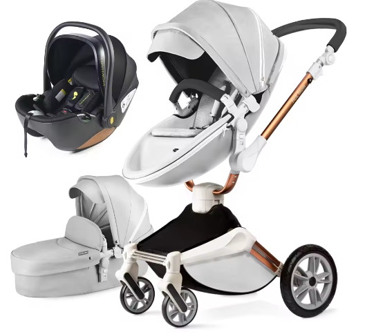 3-in-1 Kinderwagen – 360° Draaibaar, PU-Lederen Bekleding, Grote Wielen