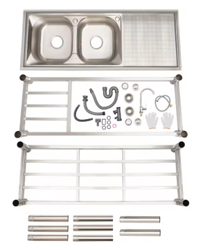 Vrijstaande RVS Dubbele Spoelbak met Kraan – Professionele Wastafel voor Keuken, Restaurant en Garage