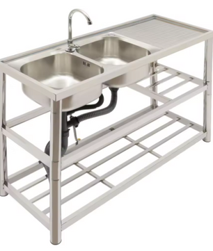 Vrijstaande RVS Dubbele Spoelbak met Kraan – Professionele Wastafel voor Keuken, Restaurant en Garage