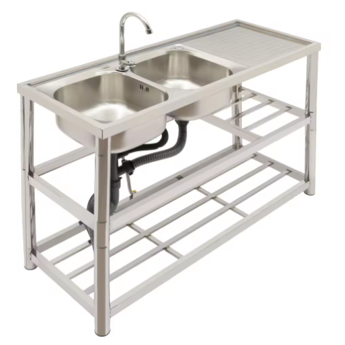 Vrijstaande RVS Dubbele Spoelbak met Kraan – Professionele Wastafel voor Keuken, Restaurant en Garage