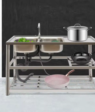 Vrijstaande RVS Dubbele Spoelbak met Kraan – Professionele Wastafel voor Keuken, Restaurant en Garage