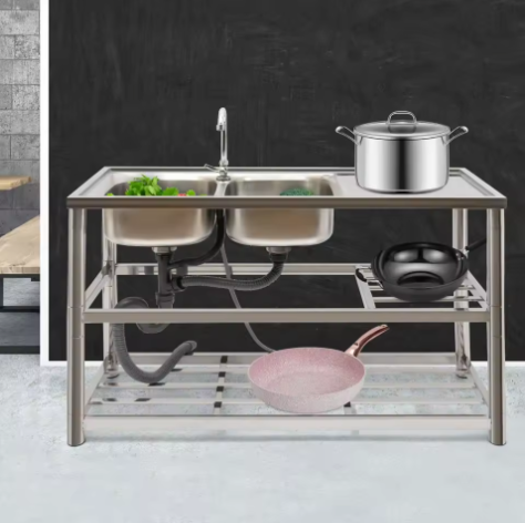 Vrijstaande RVS Dubbele Spoelbak met Kraan – Professionele Wastafel voor Keuken, Restaurant en Garage