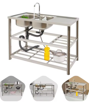 Vrijstaande RVS Dubbele Spoelbak met Kraan – Professionele Wastafel voor Keuken, Restaurant en Garage