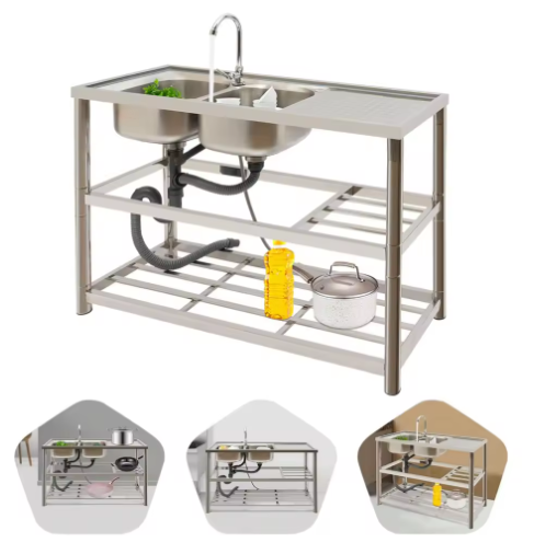Vrijstaande RVS Dubbele Spoelbak met Kraan – Professionele Wastafel voor Keuken, Restaurant en Garage