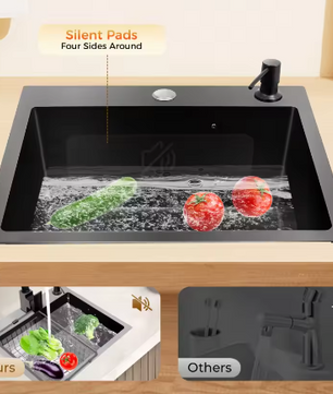 Zwarte RVS Keukenspoelbak met Nano-Coating – Enkele Spoelbak met Afvoerset, Modern en Handgemaakt