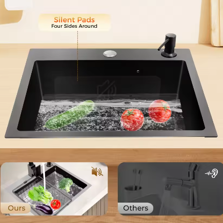 Zwarte RVS Keukenspoelbak met Nano-Coating – Enkele Spoelbak met Afvoerset, Modern en Handgemaakt