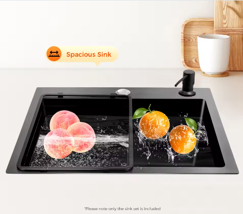 Zwarte RVS Keukenspoelbak met Nano-Coating – Enkele Spoelbak met Afvoerset, Modern en Handgemaakt