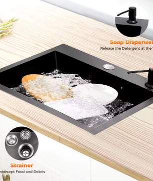 Zwarte RVS Keukenspoelbak met Nano-Coating – Enkele Spoelbak met Afvoerset, Modern en Handgemaakt