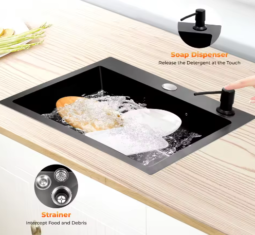 Zwarte RVS Keukenspoelbak met Nano-Coating – Enkele Spoelbak met Afvoerset, Modern en Handgemaakt