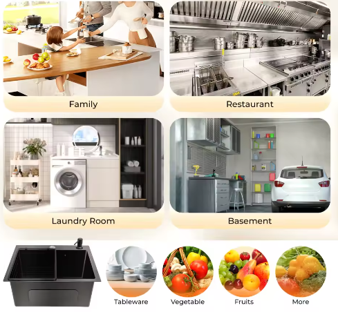 Zwarte RVS Keukenspoelbak met Nano-Coating – Enkele Spoelbak met Afvoerset, Modern en Handgemaakt