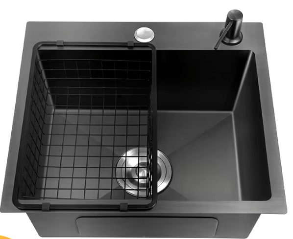 Zwarte RVS Keukenspoelbak met Nano-Coating – Enkele Spoelbak met Afvoerset, Modern en Handgemaakt