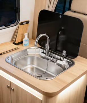 Roestvrijstalen Spoelbak met Opvouwbare Kraan en Glazen Deksel – Compacte Inbouw Handwastafel voor Caravan, Boot en Buitenkeuken
