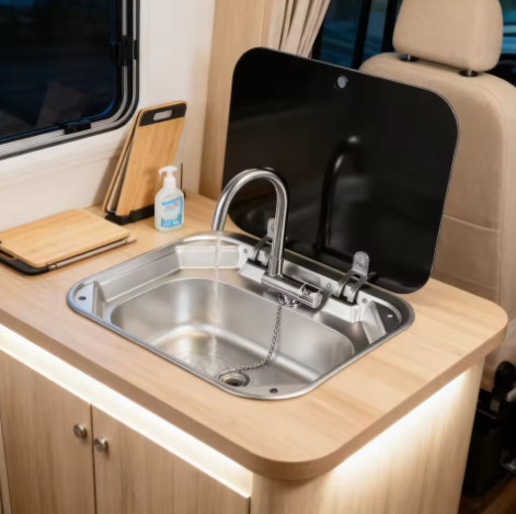 Roestvrijstalen Spoelbak met Opvouwbare Kraan en Glazen Deksel – Compacte Inbouw Handwastafel voor Caravan, Boot en Buitenkeuken