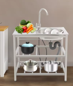 Vrijstaande RVS Spoelbak met 2-Laags Opbergrek – Utility Handwasstation voor Keuken en Buiten
