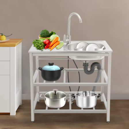 Vrijstaande RVS Spoelbak met 2-Laags Opbergrek – Utility Handwasstation voor Keuken en Buiten