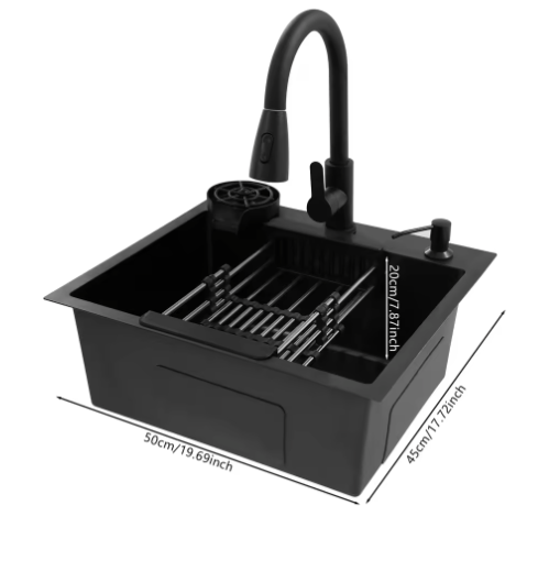 Zwarte Roestvrijstalen Keukenspoelbak 45x40 cm – Multifunctioneel met Uittrekbare Kraan