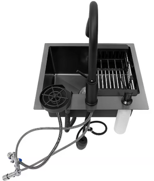 Zwarte Roestvrijstalen Keukenspoelbak 45x40 cm – Multifunctioneel met Uittrekbare Kraan