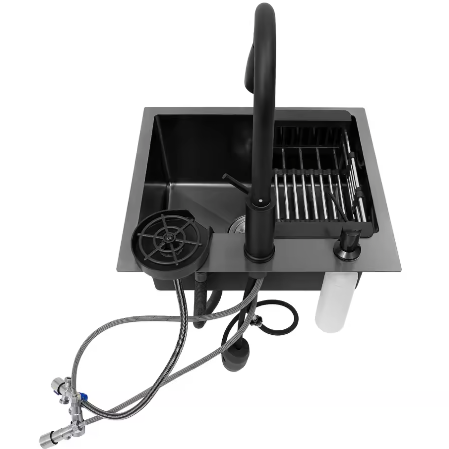 Zwarte Roestvrijstalen Keukenspoelbak 45x40 cm – Multifunctioneel met Uittrekbare Kraan