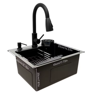 Zwarte Roestvrijstalen Keukenspoelbak 45x40 cm – Multifunctioneel met Uittrekbare Kraan