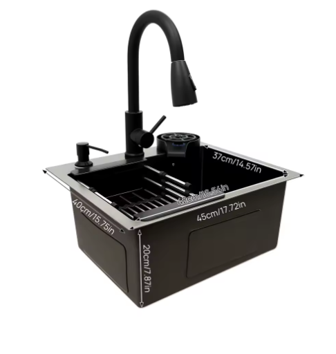 Zwarte Roestvrijstalen Keukenspoelbak 45x40 cm – Multifunctioneel met Uittrekbare Kraan