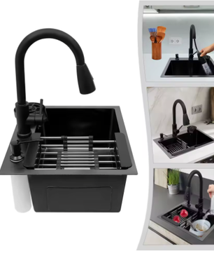 Zwarte Roestvrijstalen Keukenspoelbak 45x40 cm – Multifunctioneel met Uittrekbare Kraan
