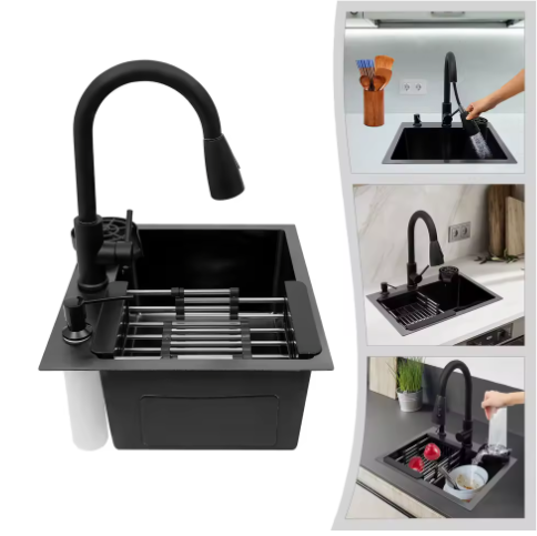 Zwarte Roestvrijstalen Keukenspoelbak 45x40 cm – Multifunctioneel met Uittrekbare Kraan