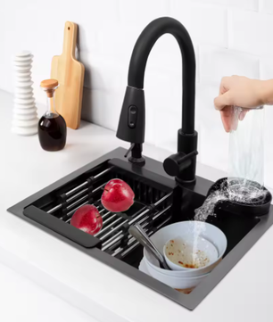 Zwarte Roestvrijstalen Keukenspoelbak 45x40 cm – Multifunctioneel met Uittrekbare Kraan