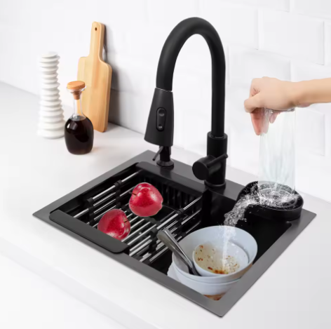Zwarte Roestvrijstalen Keukenspoelbak 45x40 cm – Multifunctioneel met Uittrekbare Kraan