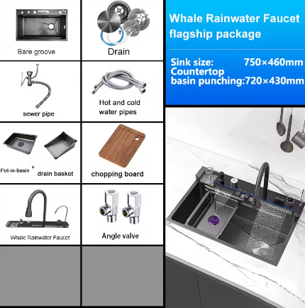Roestvrijstalen Waterval Aanrecht – Digitaal Display en Multifunctionele Spoelbak