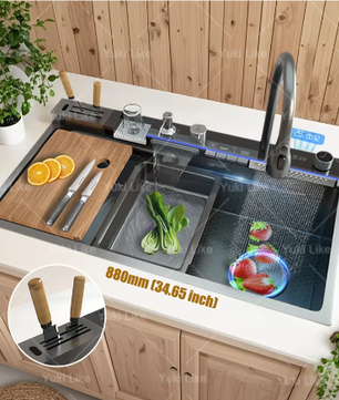 Roestvrijstalen Waterval Aanrecht – Digitaal Display en Multifunctionele Spoelbak