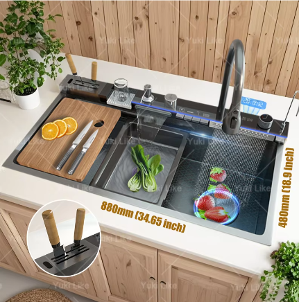 Roestvrijstalen Waterval Aanrecht – Digitaal Display en Multifunctionele Spoelbak