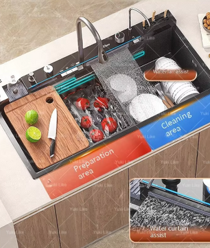 Roestvrijstalen Waterval Aanrecht – Digitaal Display en Multifunctionele Spoelbak
