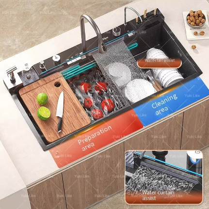 Roestvrijstalen Waterval Aanrecht – Digitaal Display en Multifunctionele Spoelbak