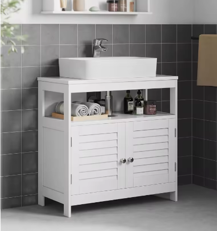 Wastafel Onderkast Badkamer – Witte Opbergkast met Lattendeuren
