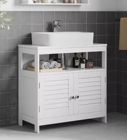 Wastafel Onderkast Badkamer – Witte Opbergkast met Lattendeuren