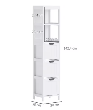 Hoog Badkamermeubel met 3 Lades en 2 Open Vakken – Compact en Modern