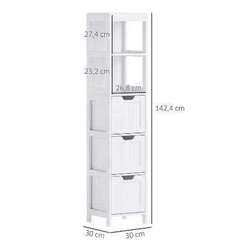 Hoog Badkamermeubel met 3 Lades en 2 Open Vakken – Compact en Modern