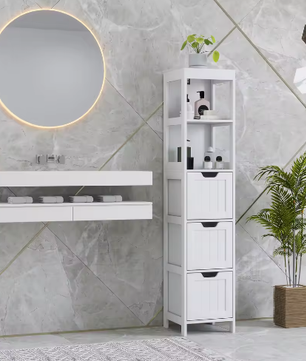 Hoog Badkamermeubel met 3 Lades en 2 Open Vakken – Compact en Modern