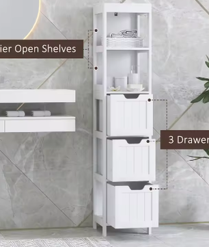 Hoog Badkamermeubel met 3 Lades en 2 Open Vakken – Compact en Modern