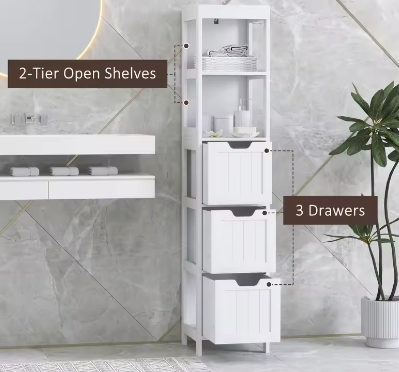 Hoog Badkamermeubel met 3 Lades en 2 Open Vakken – Compact en Modern