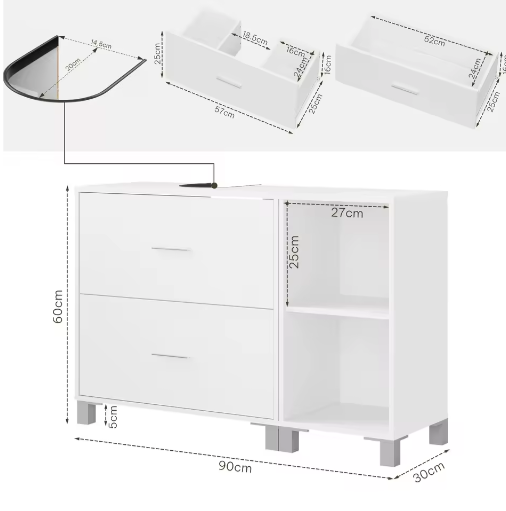 Witte Badkamerkast met 2 Lades en Zijkast 90×60×30 cm