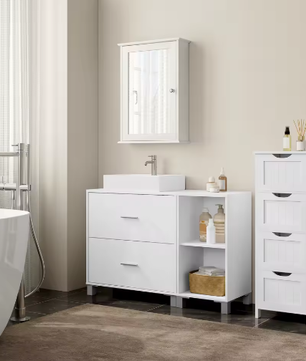 Witte Badkamerkast met 2 Lades en Zijkast 90×60×30 cm