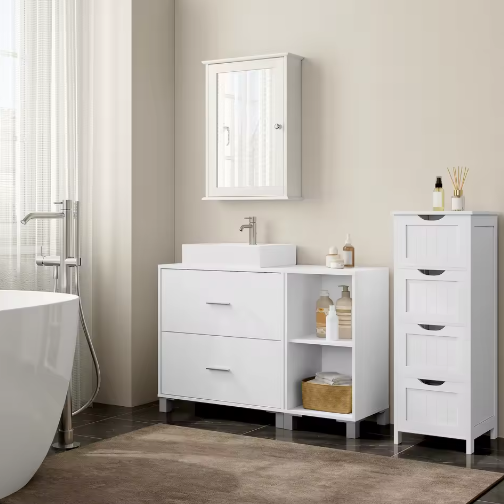 Witte Badkamerkast met 2 Lades en Zijkast 90×60×30 cm