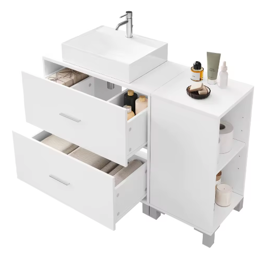 Witte Badkamerkast met 2 Lades en Zijkast 90×60×30 cm