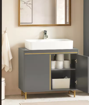 Wastafel Onderkast Grijs met Goudkleurig Frame – Badkamermeubel