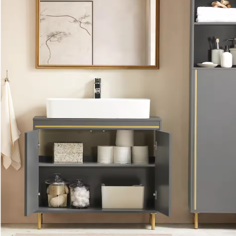 Wastafel Onderkast Grijs met Goudkleurig Frame – Badkamermeubel