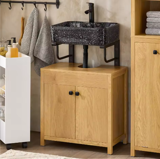 Wastafel Onderkast Badkamer – 2-Deurs Opbergkast met Verstelbare Plank, Natuurlijke Look 60×60×35 cm